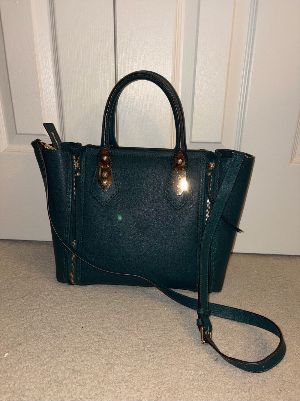 Henri Bendel Leather Teal Large Purse W/ Crossbody Strap & Gold Accents, EUC